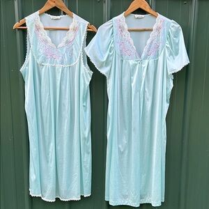Vanity Fair Vintage Satin Chemise Set - Light Blue with Pink Embroidery
